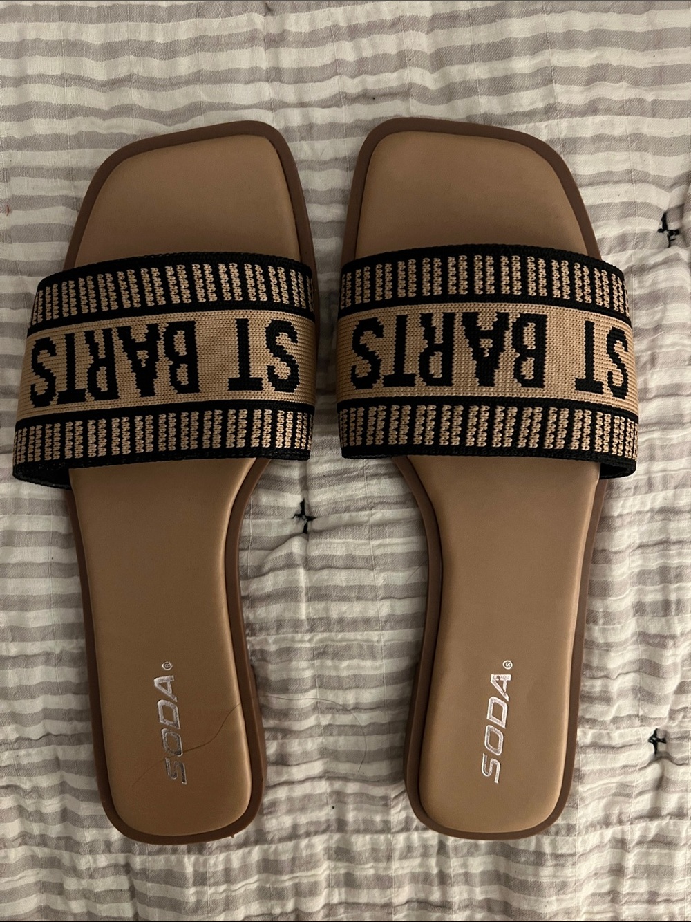 SODA Tan Slide Sandals with Black Woven Strap